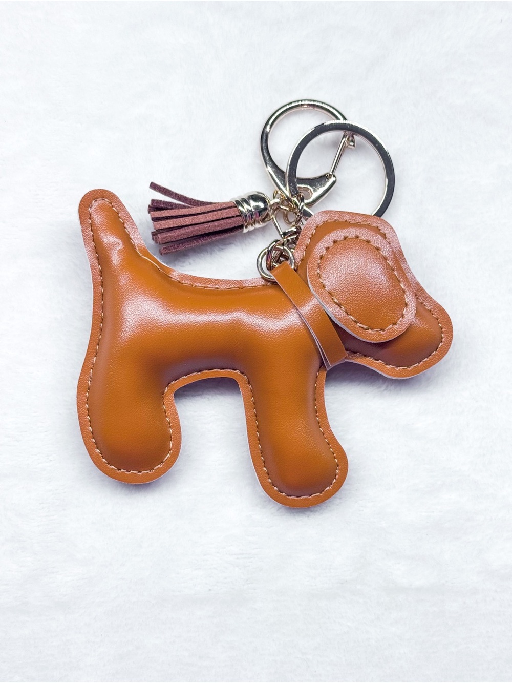 Brown Faux Leather Dog Bag Charm Keychain Tassel Purse Accessory - Picture 3 of 5